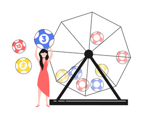 Poster - Cartoon Character Girl Slot and Fortune Wheel with Lottery Balls Casino Concept Flat Design Style and Line Elements. Vector illustration