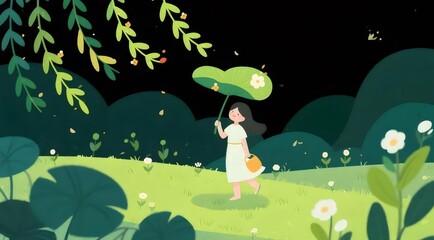 Aufkleber - 緑の風景の中を歩く少女 日傘を持つ女性 白いドレスを着た子供 黒髪 穏やかな背景 植物のイラスト 夏の雰囲気