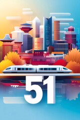 Poster - 未来的な都市のイラストと高速列車のイラスト 秋の木々の鮮やかな色彩が調和する抽象的な都市景観デザイン