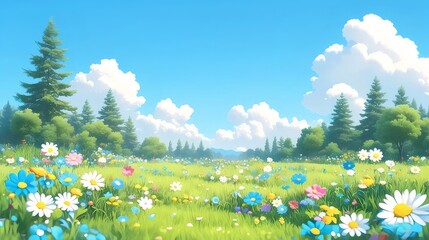 Poster - 青い空と白い雲の下に広がる緑の草原と色とりどりの花が咲き乱れる美しい風景のイラストレーション