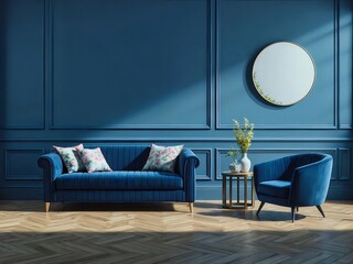 Aufkleber - 木製の床と青い壁を持つ豪華なリビングルームには青いソファと椅子 金色の脚のアクセントを備えたスタイリッシュな室内装飾が施されています