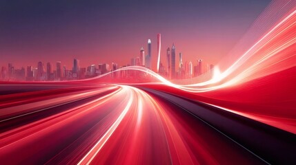 Aufkleber - 赤いぼかし効果と未来的なスカイラインと道路の夜景デジタルイラスト