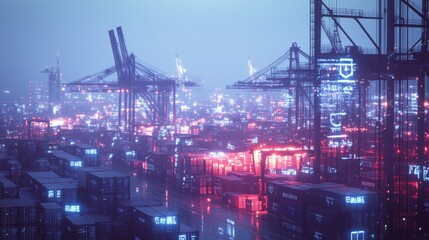Poster - global shipping operations at a container port aerial view industrial environment vibrant night scen
