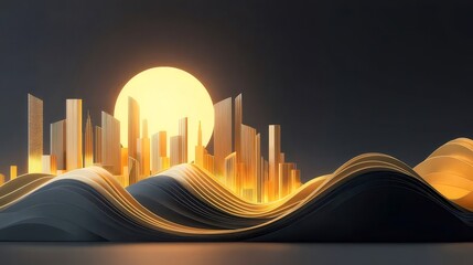 Aufkleber - 黄金色の光を浴びる抽象的な都市景観と波状の背景に未来的な建物群のシルエット 夜のスカイラインが輝く抽象的なデジタルアート