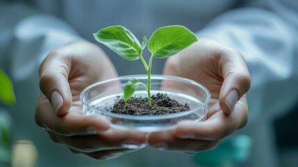 Poster - Researcher’s hands holding a young plant in a petri dish laboratory setting close-up view scientific exploration
