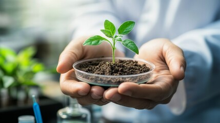 Poster - Hands of a scientist holding a young plant in a petri dish laboratory setting vertical image for environmental research