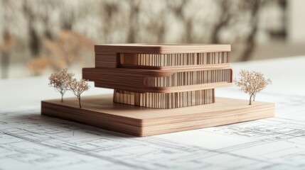 Poster - Creating a detailed scale wooden model of a contemporary office building urban environment architectural content aerial view modern design concept