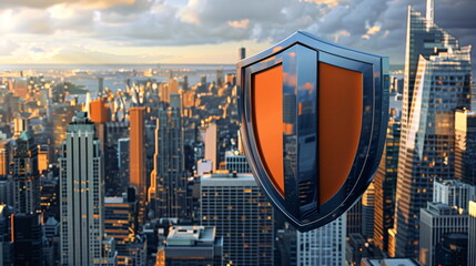 Poster - A metallic shield floats above a modern city skyline at sunset, symbolizing digital security and data protection for urban infrastructure, representing cybersecurity concepts for online safety.