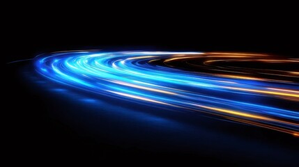 Aufkleber - 黒い背景に青とオレンジの光の抽象的な軌跡 夜の高速道路での光の動き 高速と技術の概念を示す高速でぼやけた光線