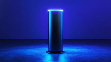 Aufkleber - 青いネオンライトが輝く金属製の円柱型ディスプレイ 光沢のある床に反射するミニマルな背景 未来的な技術デザイン 抽象的な構造