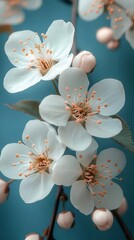 Aufkleber - 水色の背景に白い花が咲き誇る静かな春のクローズアップ