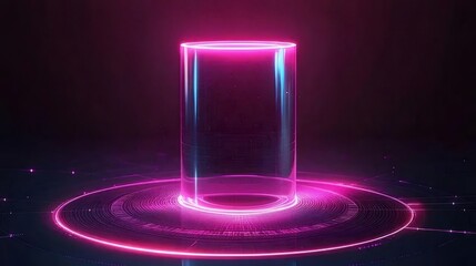 Poster - ピンクと青のネオンライトを持つ抽象的な円柱のプラットフォームと暗い背景に浮かぶパーティクル