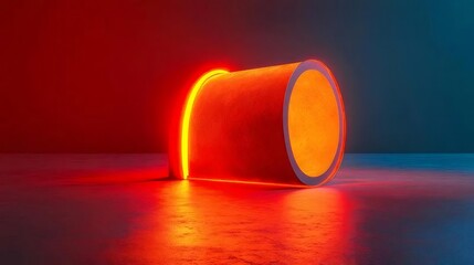 Aufkleber - 赤い光を放つオレンジ色の円柱オブジェクト 青い壁と床のミニマルな抽象的表現