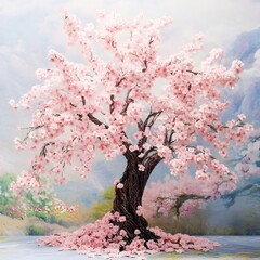 Aufkleber - 満開の桜の木 淡いピンクの花びらが散る美しい背景 春の日本の自然風景 静寂と平和を感じる庭園のイメージ