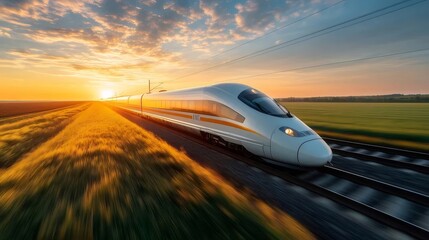 Aufkleber - 夕暮れの畑を走る白い高速鉄道 輸送効率を象徴する現代のテクノロジー スピード感と革新的なデザイン