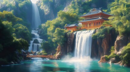 Poster - 滝と伝統的な建築が織りなす鮮やかな風景の中に佇む東洋の寺院 日本の伝統的な要素を取り入れた水辺の建築と緑豊かな自然のコントラスト