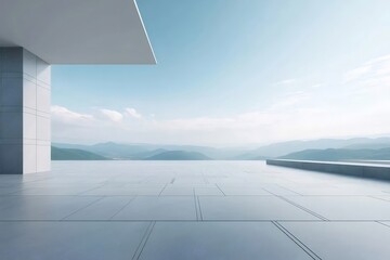 Aufkleber - 青い空と湖の眺めを備えたミニマリストのコンクリート建築テラスの風景と山々の背景
