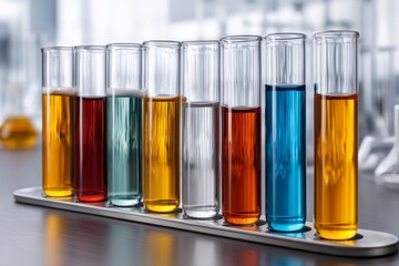 Fototapete - Test tubes containing colorful chemical substances in a laboratory setting