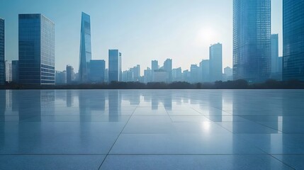Aufkleber - 晴れた日の現代的な高層ビル群が立ち並ぶ都市の景観 鮮やかな青空と反射するコンクリートの広場