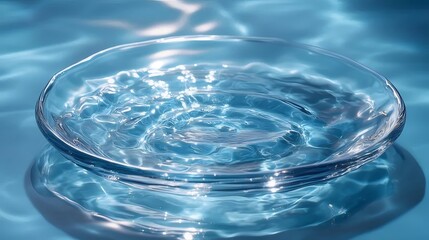 Aufkleber - 透明なガラス皿の中の水 光と反射による青い波紋の背景