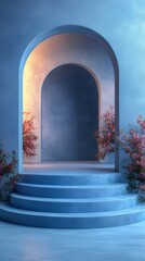 Aufkleber - 青い色調の建築アーチと階段 ピンクの花がアクセントになった夢のような屋内背景のミニマルなデザイン
