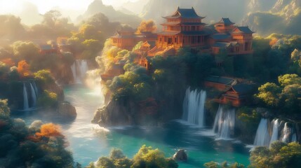 Poster - 黄金色の光が降り注ぐ滝のある伝統的な中国風の建物と豊かな緑の丘陵地の眺め