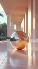 Poster - ベージュの柱と幾何学的な球体が特徴的な建築構造の静物写真 コリドーと反射面のミニマルな構図