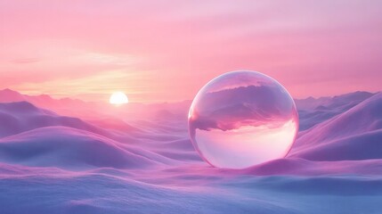 Aufkleber - ピンクと紫の空に沈む夕日の反射が入った雪の風景の中の球体