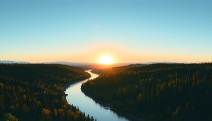 Wall Mural - Breathtaking Sunset Over Serene River Surrounded by Forested Hills