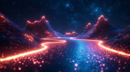 Poster - 抽象的な未来的な風景 オレンジと青の光が輝く星空の背景にデジタルピクセル山と川の3Dレンダリング