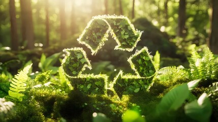 Aufkleber - 緑豊かな森林に浮かぶ葉で覆われたリサイクルマーク 環境保護と持続可能性の象徴
