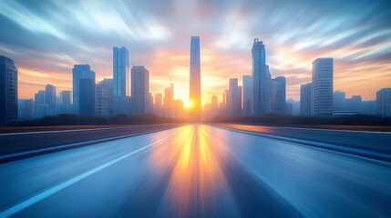 Aufkleber - 青い舗装道路と劇的な夕焼けの空を背景にした鮮やかな都市のスカイラインと高層ビル群 未来的な建築デザインと都市計画