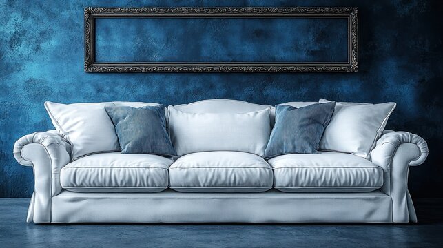 A white sofa with plush cushions sits against a textured blue wall, framed by an ornate rectangular frame