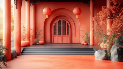 Poster - 赤いアーチ型の入り口を持つ伝統的な中国建築 赤い提灯 柱 階段を備えた文化的建造物