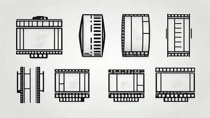 Poster - Various film strip outlines in black on a white background depicting film reels and frames