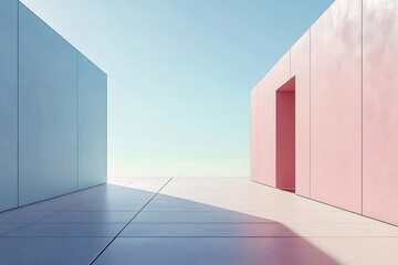 Aufkleber - 青とピンクの壁のミニマリスト建築デザインと幾何学的な通路を持つ抽象的な屋外のシーン