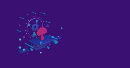 Poster - Pink mushroom symbol on a pedestal of abstract geometric shapes floating in the air. Abstract concept art with flying shapes on the left. 3d illustration on deep purple background