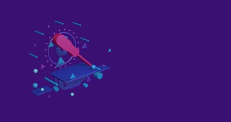 Poster - Pink a screwdriver symbol on a pedestal of abstract geometric shapes floating in the air. Abstract concept art with flying shapes on the left. 3d illustration on deep purple background