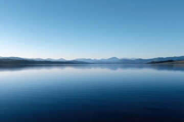 Poster - 穏やかな湖の青い水と空 山の景色を映す静かな水面 自然光が照らす平和な風景