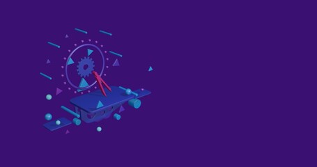 Poster - Pink compass divider on a pedestal of abstract geometric shapes floating in the air. Abstract concept art with flying shapes on the left. 3d illustration on deep purple background