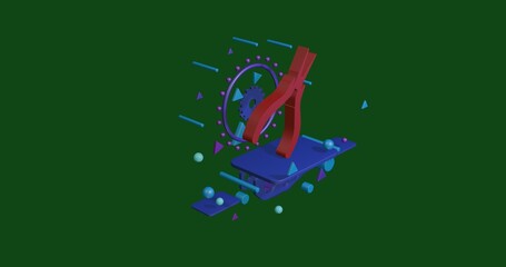 Poster - Red round pliers symbol on a pedestal of abstract geometric shapes floating in the air. Abstract concept art with flying shapes in the center. 3d illustration on green background