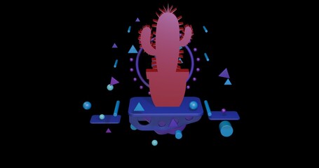 Poster - Red cactus symbol on a pedestal of abstract geometric shapes floating in the air. Abstract concept art with flying shapes in the center. 3d illustration on black background