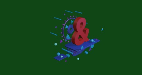 Poster - Red ampersand symbol on a pedestal of abstract geometric shapes floating in the air. Abstract concept art with flying shapes in the center. 3d illustration on green background