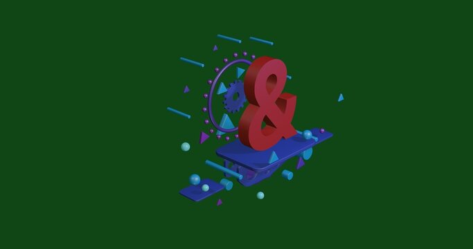 Red ampersand symbol on a pedestal of abstract geometric shapes floating in the air. Abstract concept art with flying shapes in the center. 3d illustration on green background
