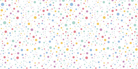 Poster - Colorful seamless pattern of scattered dots in various sizes. Simple background in modern minimalist style. Perfect for wrapping paper, textile, party design, fabric print, packaging, 