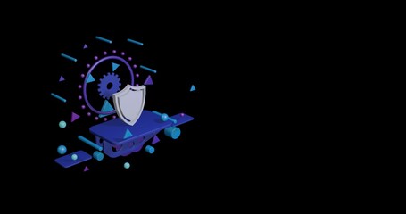 Poster - White shield symbol on a pedestal of abstract geometric shapes floating in the air. Abstract concept art with flying shapes on the left. 3d illustration on black background