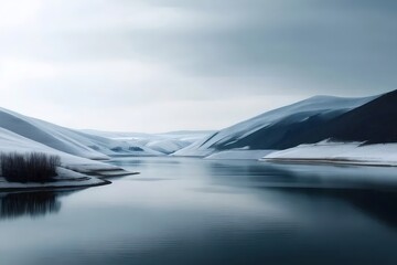 Poster - 雪に覆われた山々と静かな湖の冬景色 空と水面に映る風景 穏やかな冬の日