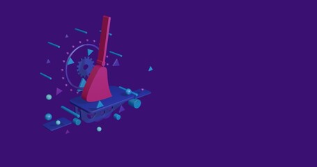 Poster - Pink broom symbol on a pedestal of abstract geometric shapes floating in the air. Abstract concept art with flying shapes on the left. 3d illustration on deep purple background