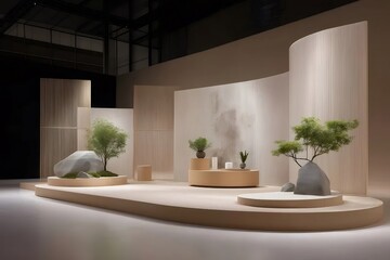 Aufkleber - 現代的なミニマルなインテリアデザイン ベージュの背景に盆栽と石のインスタレーション展示