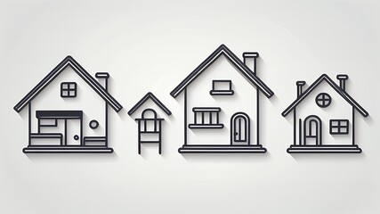 Poster - Illustration of three house icons and a small structure in black outline on white background